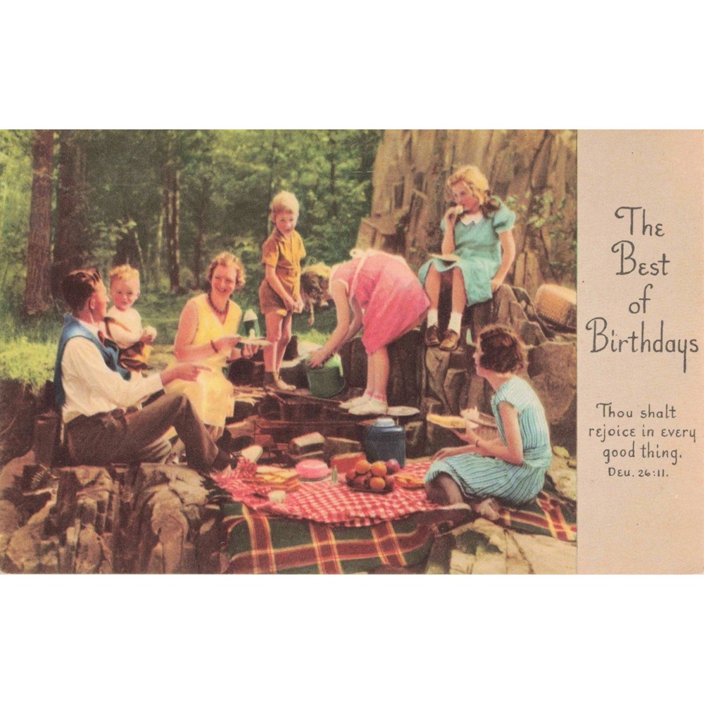 Vintage The Best of Birthdays Postcard Family Picnic Deuteronomy 26:11 Linen - Picture 1 of 2